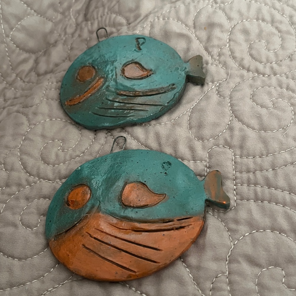 Handcrafted Teal and Orange Fish Ornaments! Set of two!